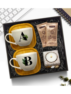 As Gift Kişiye Özel Bambu Tabaklı Porselen Beyaz Fincan Takımı & Dekoratif Mum & Türk Kahvesi Hediye Seti