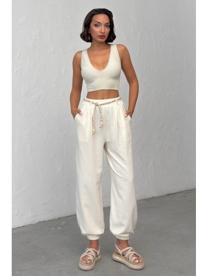 Bejna Kadın Kemer Detaylı Rahat Kesim Keten Dokulu Jogger Pantolon