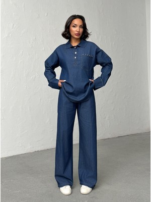 Bejna Kadın Şık Düğme Detaylı Alt Üst Denim Takım