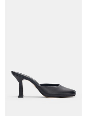 Selin Shoes Velmira Hakiki Deri Ön Kapalı Topuklu Kadın Terlik- Siyah