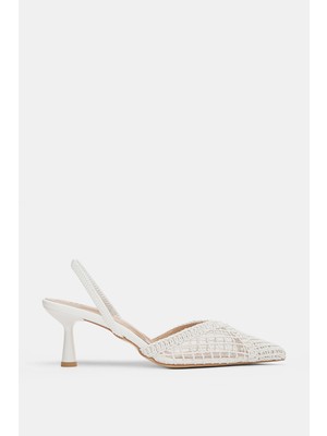 Selin Shoes Ravelle Sivri Burun Örgü Dantel Kadın Topuklu Ayakkabı- Ekru