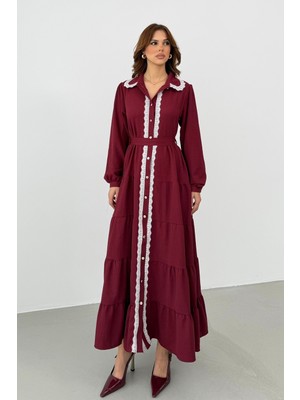 Bejna Kadın Dantel Detaylı Maxi Gömlek Elbise