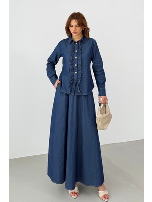 Bejna Kadın Fırfırlı Gömlek Etek Denim Alt Üst Takım