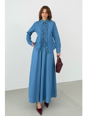 Bejna Kadın Fırfırlı Gömlek Etek Denim Alt Üst Takım