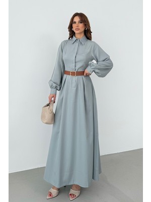 Bejna Kadın Kemer Detaylı Balon Kol Ipeksi Dokuma Elbise