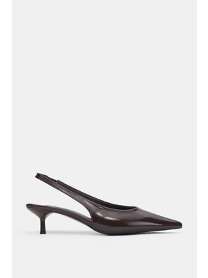Selin Shoes Kisel Kısa ve Ince Topuk Bilek Lastik Detay Kadın Topuklu Ayakkabı- Kahve Rugan
