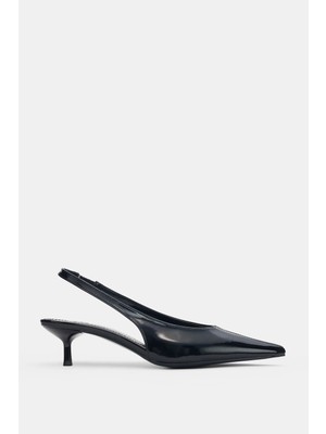 Selin Shoes Kisel Kısa ve Ince Topuk Bilek Lastik Detay Kadın Topuklu Ayakkabı- Siyah Rugan