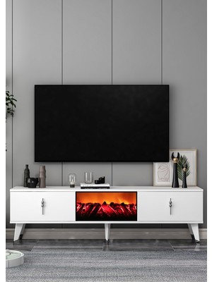 Cantek Dizayn TV0055-0055-TXA150-32 Şömineli Tv Sehpası Beyaz-Gümüş