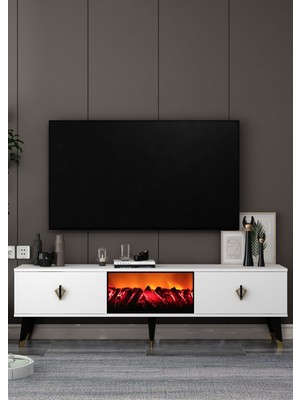 Cantek Dizayn TV0057-0057-TXA150-32 Şömineli Tv Sehpası Beyaz-Siyah-Altın