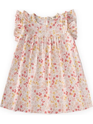 Cigit Desenli Fırfırlı Elbise 1-8 Yaş Ekru