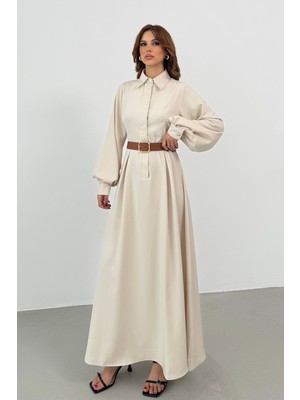 Bejna Kadın Kemer Detaylı Balon Kol Ipeksi Dokuma Elbise