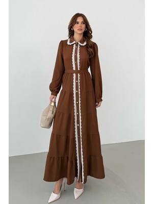 Bejna Kadın Dantel Detaylı Maxi Gömlek Elbise