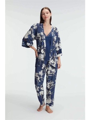 MiraLive Ip Askılı V Yaka Viskon Çiçek Desenli Yazlık Dantel Detaylı Pijama Sabahlık Takımı