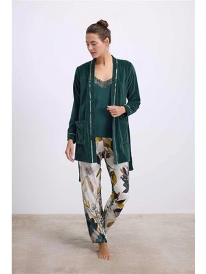 MiraLive Kadife Sabahlık, Dantelli Atlet ve Desenli Pantolon Pijama Takımı