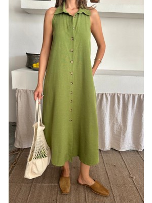 Munn Collection Keten Önden Düğmeli Kolsuz Gömlek Yaka Elbise - Yağ Yeşili