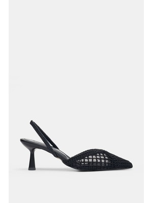 Selin Shoes Ravelle Sivri Burun Örgü Dantel Kadın Topuklu Ayakkabı- Siyah
