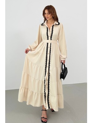 Bejna Kadın Dantel Detaylı Maxi Gömlek Elbise