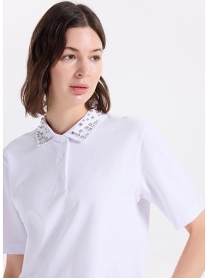 Fabrika Düz Beyaz Kadın Polo T-Shirt