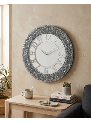 Duvarsaati -35CM- Modern Dekoratif Duvar Saati - El Yapımı Gümüş Taş Detaylı - Epoksi Duvar Saati