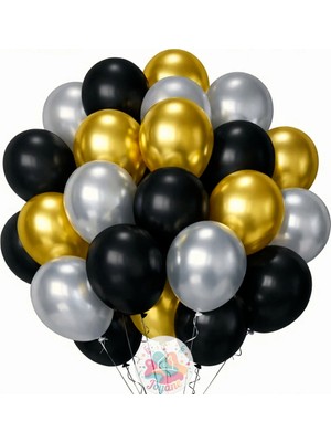 Joyane Siyah Altın Gümüş Metalik Balon Seti | 24 Parça A Kalite Balon, Parti ve Doğum Günü Seti
