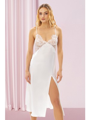 Nbb Ekru Dantelli Uzun Saten Gecelik