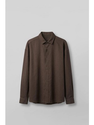 Abluka Online Erkek Oversize Çizgili Keten Karışımlı Gömlek Kahverengi