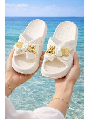 Slipcat Kadın Fiyonk Detaylı Ayıcıklı Plaj Terliği-Hafif Taban Kaymaz Günlük Yazlık Deniz Havuz Terliği Rahat Konforlu Şık Tasarım