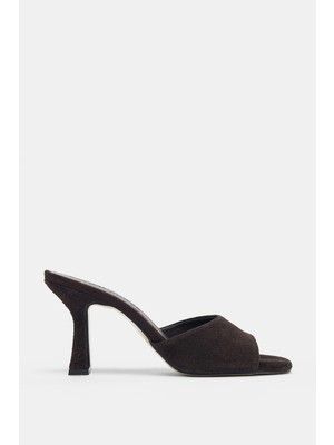 Selin Shoes Sereza Hakiki Deri Topuklu Kadın Terlik- Kahve Süet