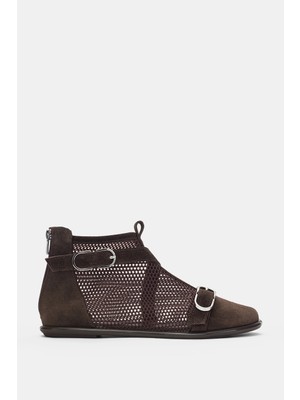 Selin Shoes Vario File Detay Çift Toka Aksesuar Arkadan Fermuarlı Kadın Ayakkabı- Kahverengi