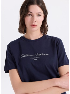 Jeep Bisiklet Yaka Baskılı Lacivert Kadın T-Shirt J6SL-TST7112