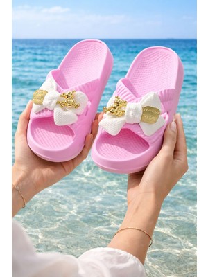 Slipcat Kadın Fiyonk Detaylı Ayıcıklı Plaj Terliği-Hafif Taban Kaymaz Günlük Yazlık Deniz Havuz Terliği Rahat Konforlu Şık Tasarım