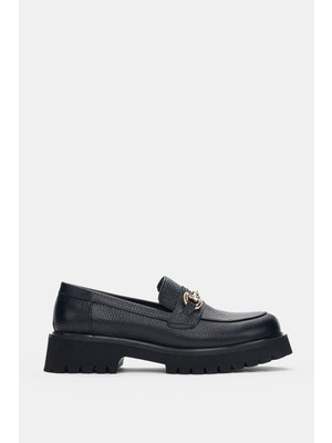 Selin Shoes Rovain Hakiki Deri Ön Toka Aksesuar Kadın Loafer- Siyah