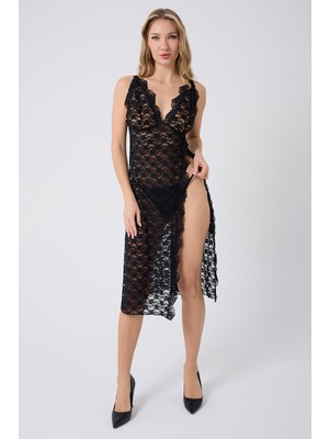 Nbb Siyah Full Dantel Işlemeli Uzun Yırtmaçlı Gecelik