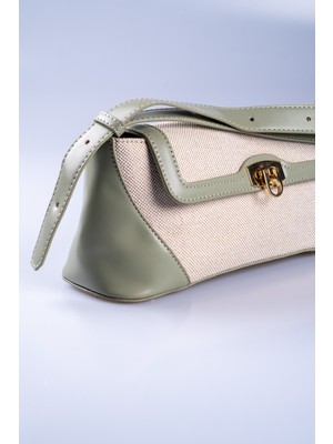 Oblavion Pastel Yeşil Vegan Deri Detaylı Krem Kanvas Ayarlanabilir El ve Omuz Çantası