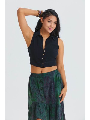 Los Banditos Gömlek Yaka Düğme Detaylı Crop Bluz