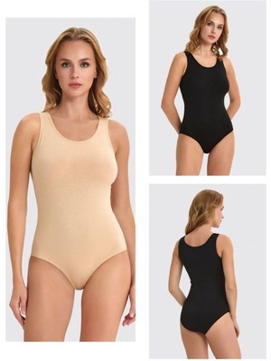 Kit Iç Giyim Berrak 2083 - 2084 2'li Siyah ve Ten Renkler Kalın Askılı Kadın Çıtçıtlı Body Atlet