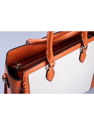 Oblavion Açık Taba Biye Vegan Deri Detaylı Tote Bej Kanvas Ayarlanabilir El ve Omuz Çantası