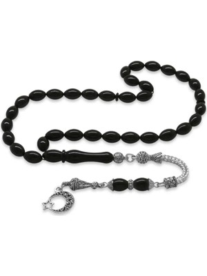 Tesbihname Ayyıldız Kararmaz Metal Püsküllü Arpa Kesim Siyah Sıkma Kehribar Tesbih