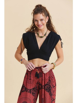 Los Banditos Derin V Yaka Dekolte Desenli Yazlık Bluz