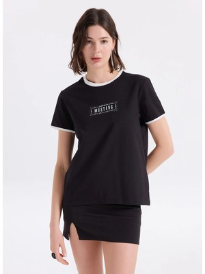 Mustang Bisiklet Yaka Baskılı Siyah Kadın T-Shirt M6SL-TST1241