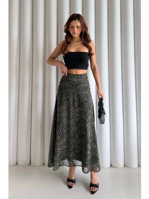 Bejna Kadın Leopar Desen Beli Büzgülü Astarlı Şifon Etek