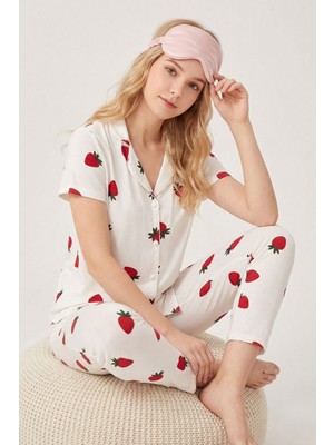 Rays Beyaz Çilek Desen Kısa Kol Tişört Pijama Takım 0715