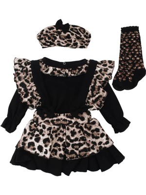 by BebekOdam Kız Bebek Siyah Kahve Leopar Desenli Zıbınlı Salopet 4'lü Takım - 1016546