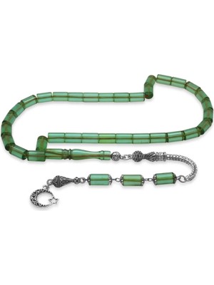 Tesbihname Ateş Kehribar Tesbih Metal Püsküllü Kesme Kesim Su Yeşili Renk