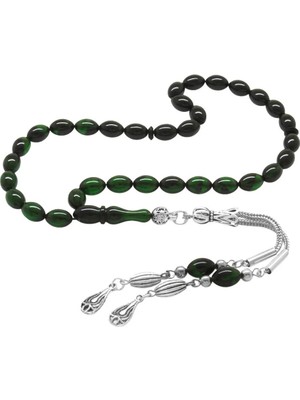 Tesbihname Kararmaz Metal Su Damlası Püsküllü Arpa Kesim Bilek Boy Süzme Yeşil-Siyah Ateş Kehribar Tesbih