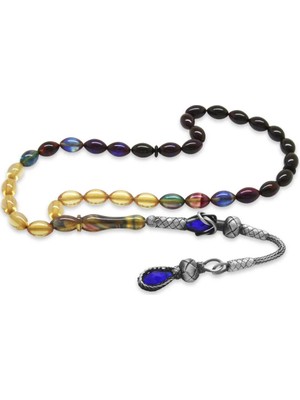 Tesbihname 1000 Ayar Gümüş Kazaz Püsküllü Arpa Kesim Süzme Bonibon Ateş Kehribar Tesbih