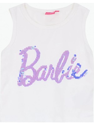 Barbie Payetli Ekru Kız Çocuk T-Shirt BRB6SG-TST6462