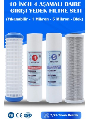 Watermelon Daire Bina Sayaç Girişi 10" Inc 4 Aşama ( Yıkanabilir,1 Mikron,5 Mikron,blok ) Yedek Filtre Seti