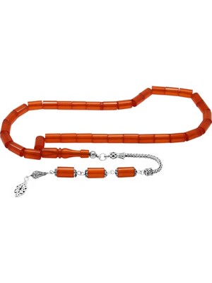 Tesbihname 925 Ayar Gümüş Püsküllü Kesme Kesim Kırmızı Ateş Kehribar Tesbih