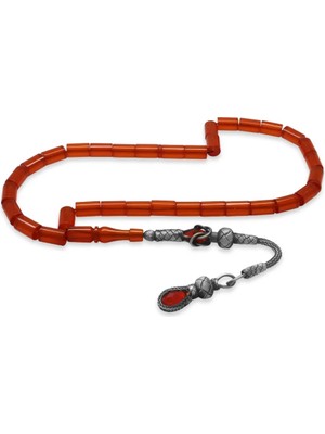 Tesbihname 1000 Ayar Gümüş Kazaz Püsküllü Kesme Kesim Kırmızı Ateş Kehribar Tesbih